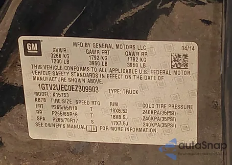 2014 GMC Sierra 1500 Sle from USA, damaged, VIN 1GTV2UEC0EZ309903